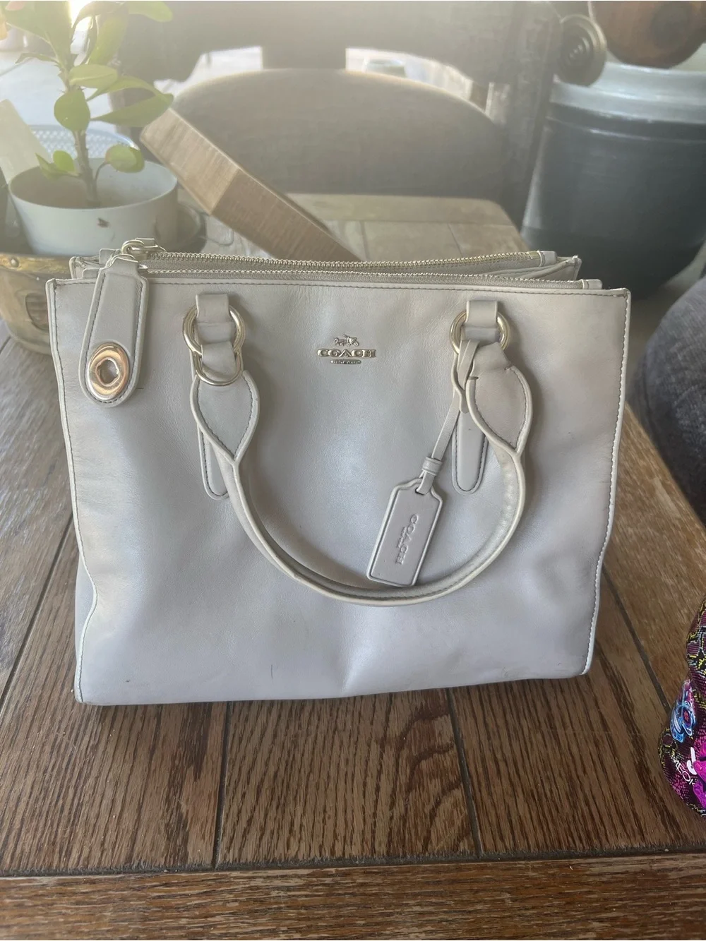 Coach Pebbled Leather Satchel in Light Taupe with Gold Hardware